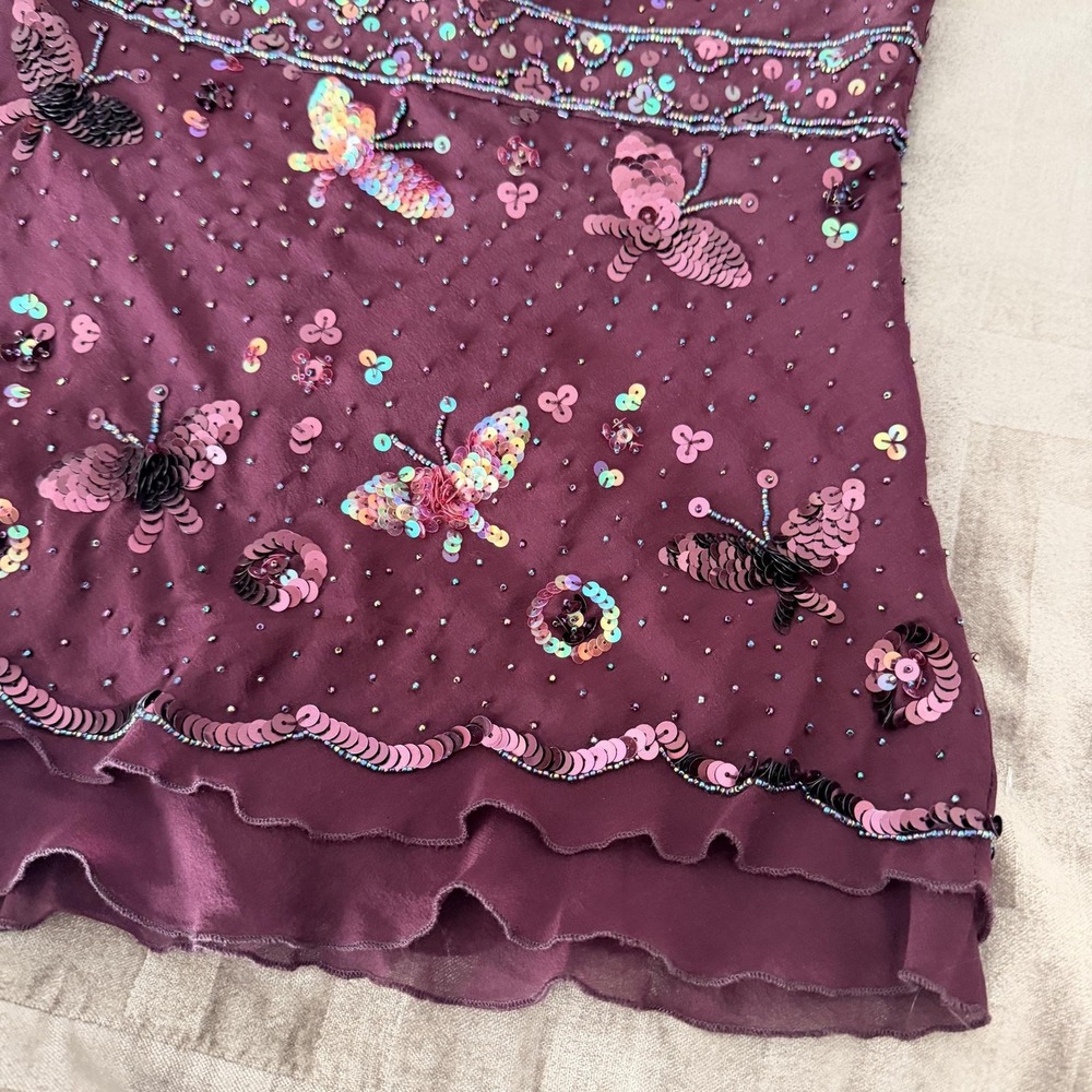VTG Y2K Bebe Sequin Butterfly Tank Top S Purple Halter Chiffon Party Cami Beaded - Picture 8 of 12